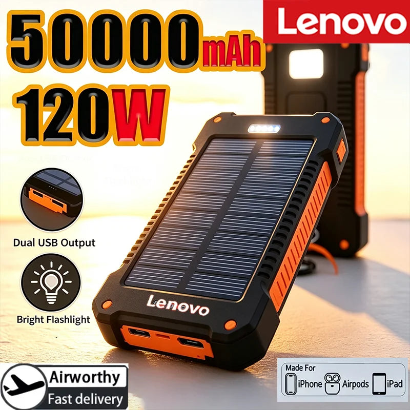 Batterie solaire portable Lenovo 500000mAh, grande capacité, charge rapide, pour iPhone Samsung Huawei