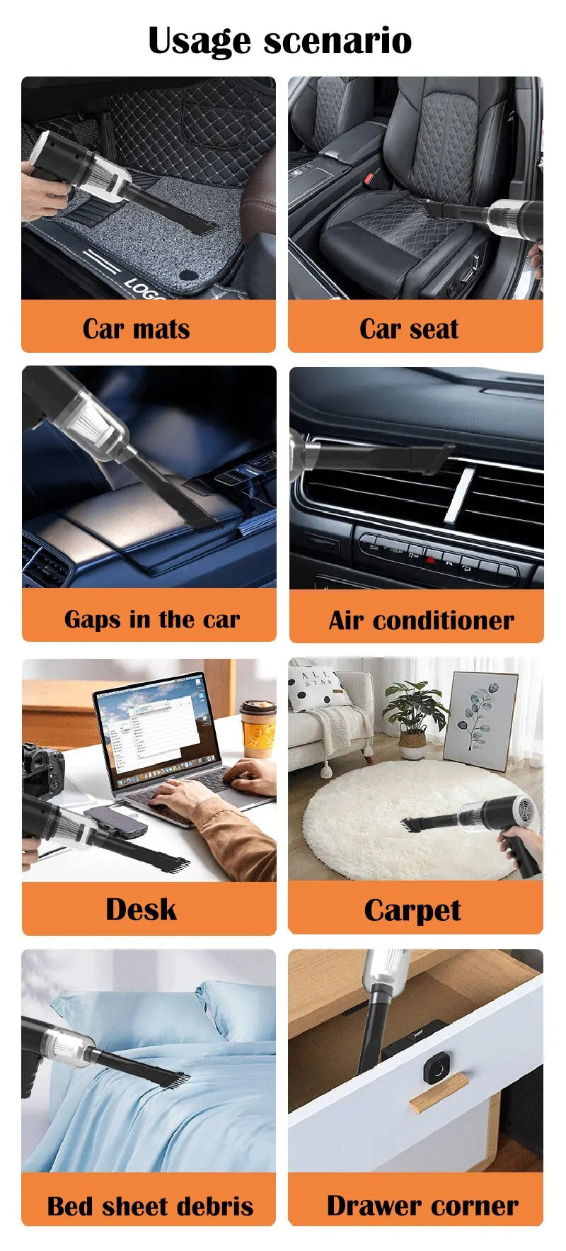 Aspirateur de voiture sans fil 9000Pa – Mini aspirateur portable USB rechargeable 1200mAh, sec et humide